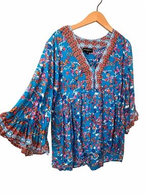 FLORAL BOHO TUNIC WITH BELL SLEEVES TIE TOP CYNTHIA ROWLEY WOMENS 1X